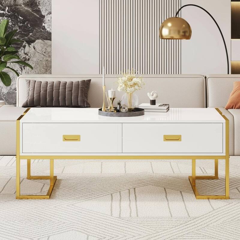 Modern Glam Rectangular Coffee Table with 4 Hidden Drawers by Harper&Bright Designs