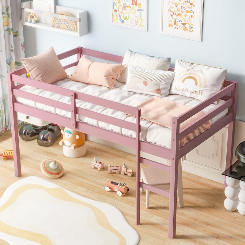Solid Wooden, Rubber Wooden Twin Loft Bed with Ladder, Bed Platform of Strengthened Slats