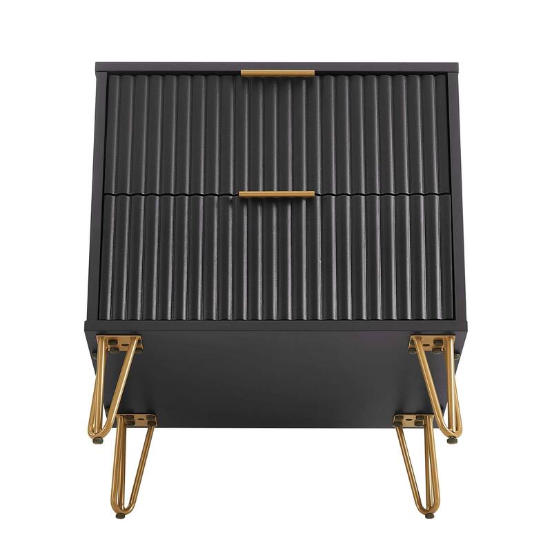 Fluted Nightstand with 2 Drawers Metal Legs Tool Free Assembly