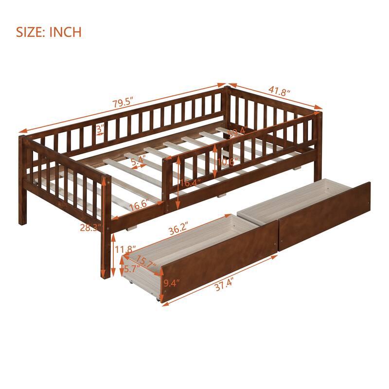 Twin Size Daybed Wood Bed Wood Platform Bed Frame No Box Spring Needed, 2 Extendable Wood Drawers with Trundle for Boys Girls