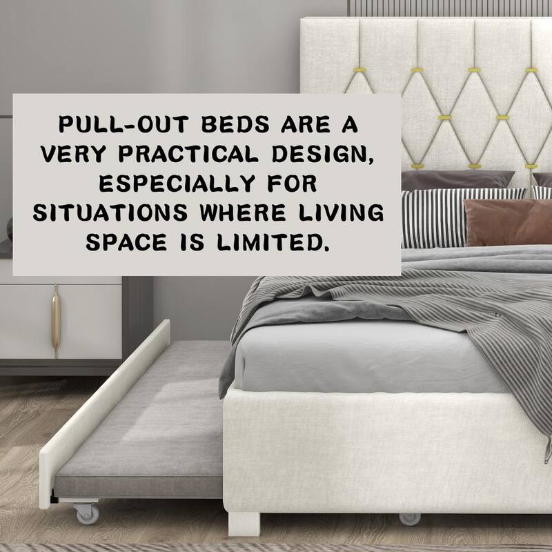 Queen Size Upholstered Bed Frame with Tufted Headboard, Velvet Fabric Platform Bed Frame with 2 Drawers and Twin XL Trundle