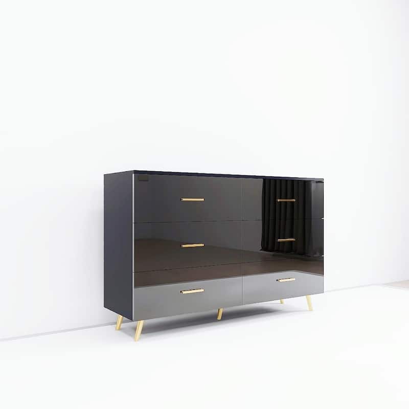 High Gloss 6-Drawer Chest with Golden Handles & Steel Legs, Large Modern Dresser with Anti-Tip Design for Bedroom, Black