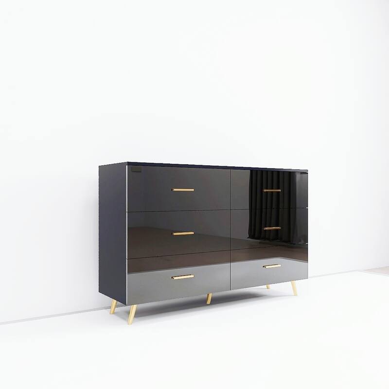 Modern High Gloss Finish Drawers Dressing with 6 Drawers Gold Handles and Steel Legs, for Living Room Bedroom