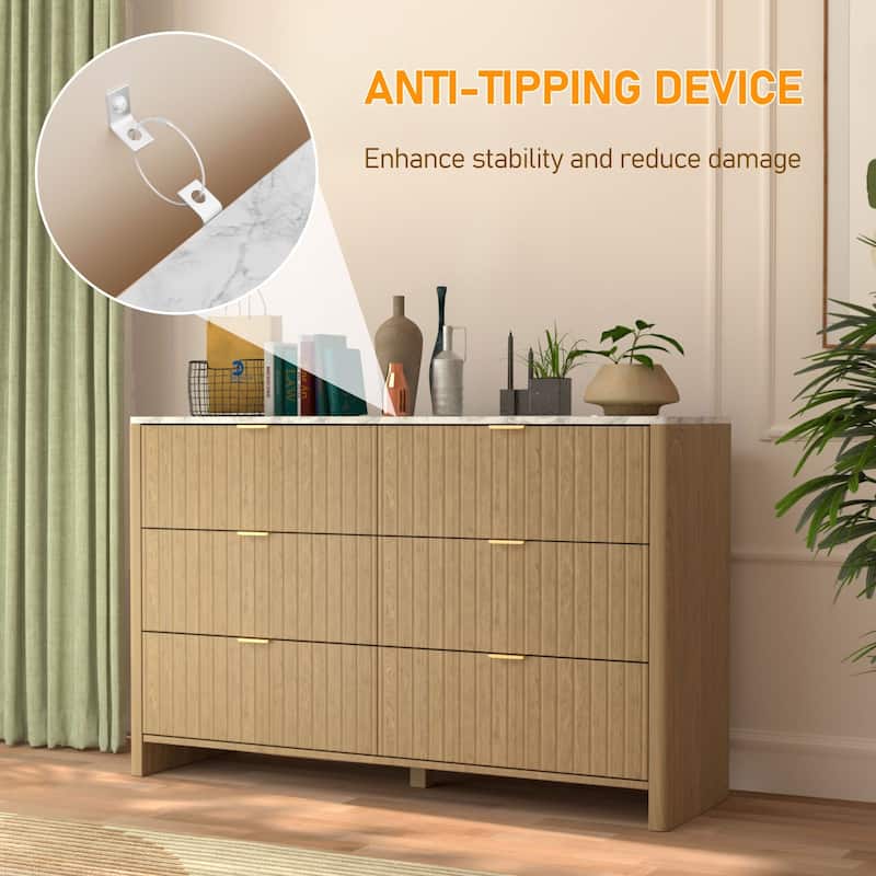 VEIKOUS 6-Drawer Dresser for Bedroom, Wooden Chest of Drawers with White Faux Marble Top
