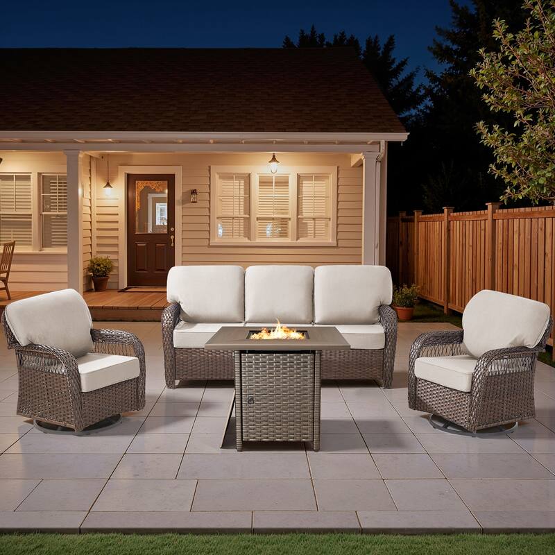 Pocassy Outdoor Sofa Ottoman Swivel Chair Table with Fire Table Set. - Brown Wicker Beige Cushion - 4-Piece Sofa Swivel Chair w/ Fie Pit Table