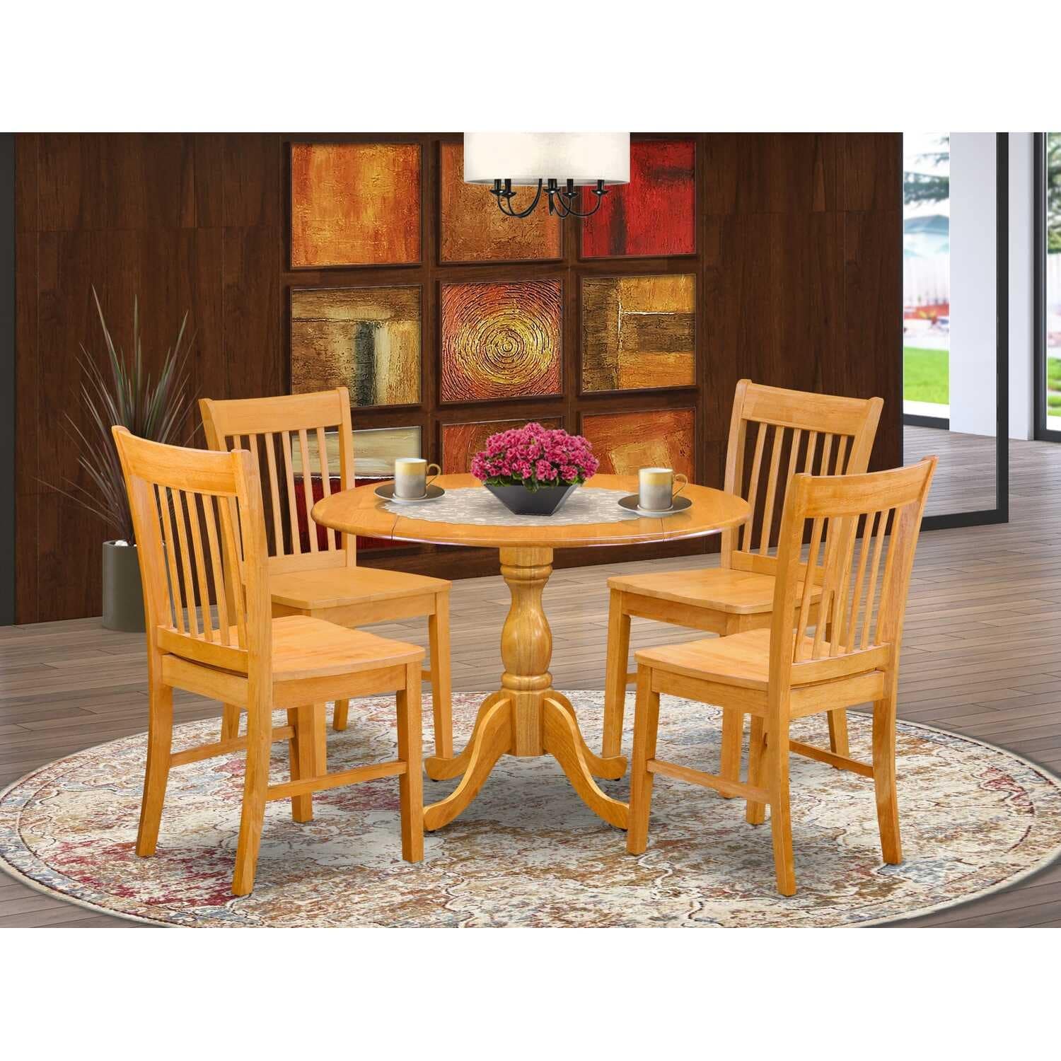 HomeStock 5-Piece Natural Oak Finish Solid Wood Top Dining table with 4 Chairs with Slat Back