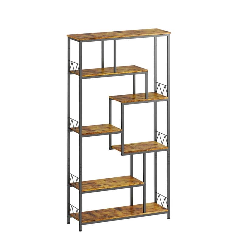 7-Shelves Staggered Bookcase Industrial Etagere Bookcase, Open Book Shelves