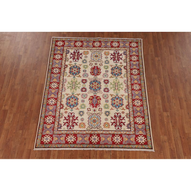 Kazak Floral Oriental Area Rug Hand-Knotted Bedroom Wool Carpet - 5'1" x 6'5"
