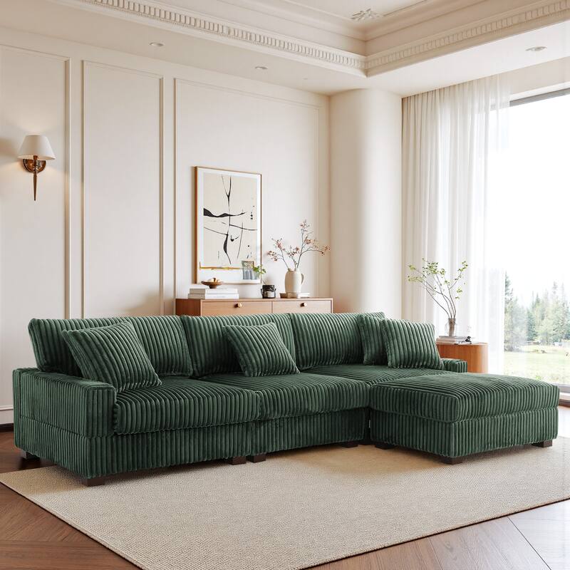 Modular Sectional Sofa Set with Adjustable Headrests and Ottomans - Green/4 Piece