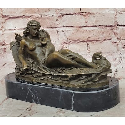 Bronze Fairy And Child In Swan Boat Sculpture On Marble Base