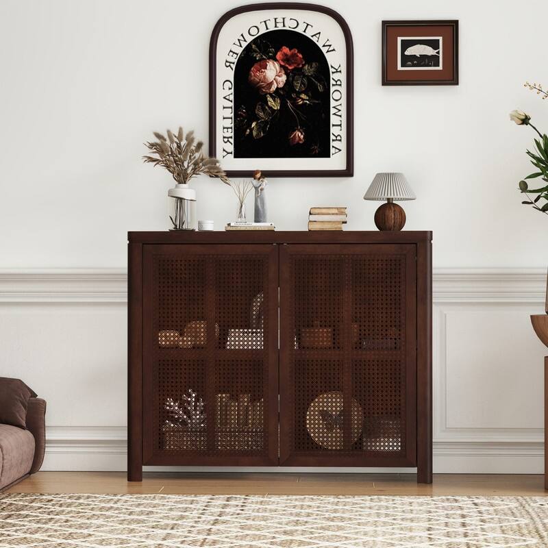 Mid Century Modern 63" Wide 2 - Cane Rattan Door Storage Sideboard, Retro Wine Bar Credenza for Living Room Entryway Kitchen