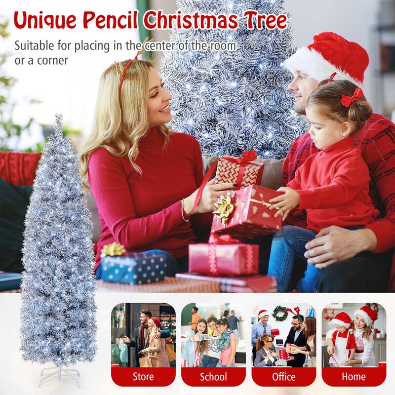 Gymax 7ft Pre-Lit Artificial Christmas Tree Hinged Slim Pencil Xmas