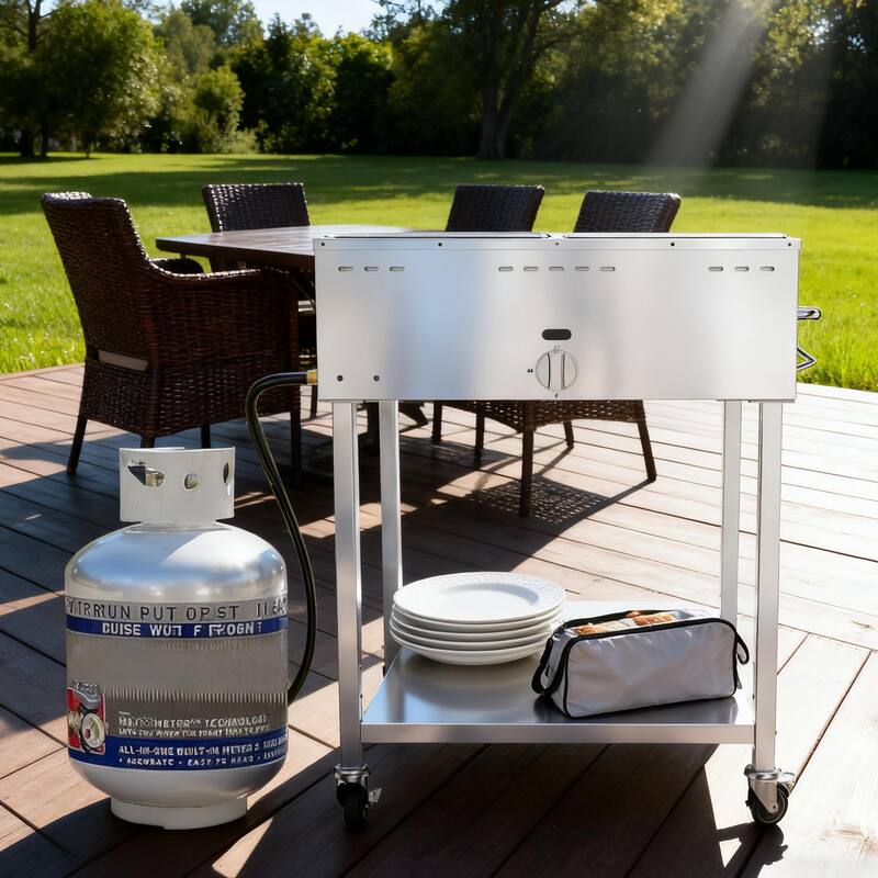 Outdoor Mobility This propane food warmer hasfour3"lockable wheels for easy movement&stability plus a metal push handle.