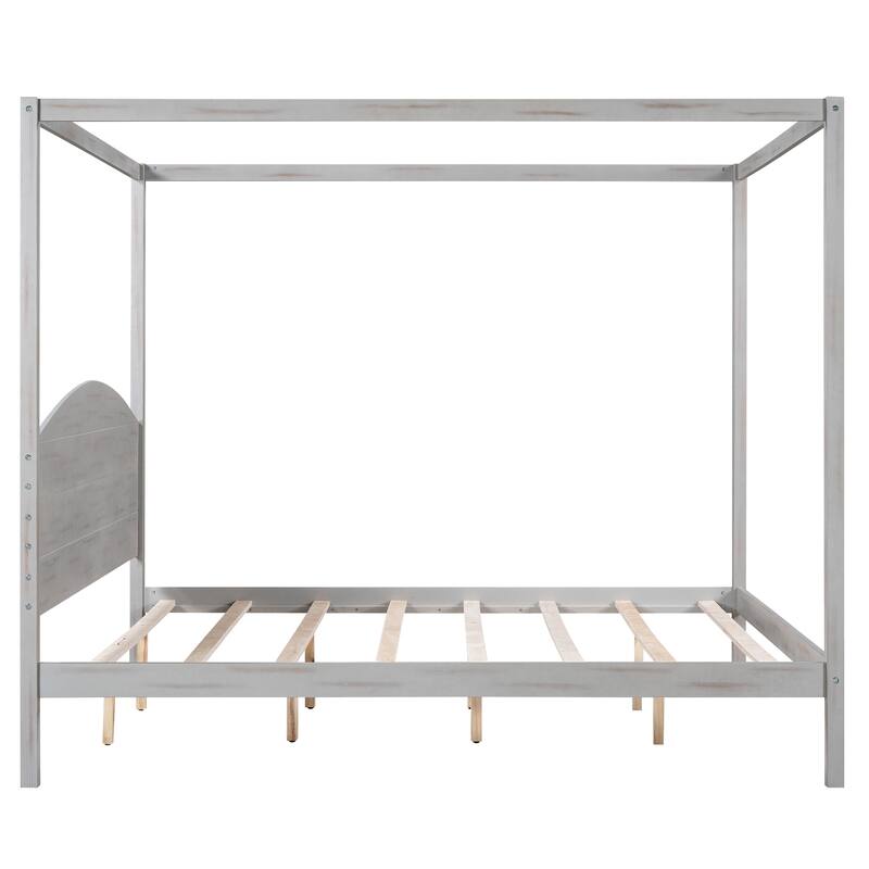 Pine Wood Canopy Platform Bed with Headboard, Support Legs, Wash Finish