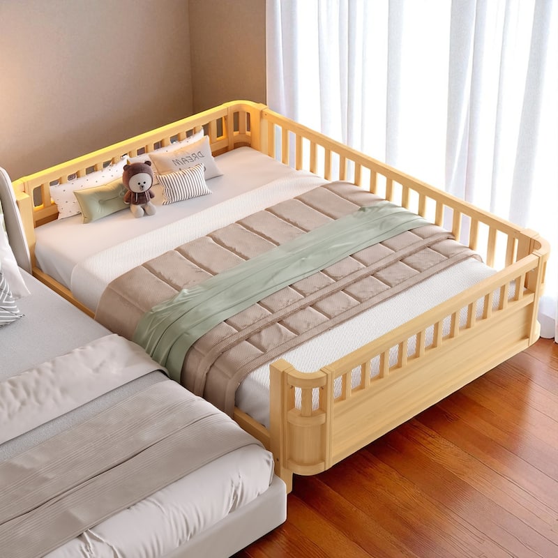 Wood Platform Bed with Guardrails & Detachable Fence, Twin/Full/Twin XL/Queen Size Kids Bed, Safety Design, No Box Spring
