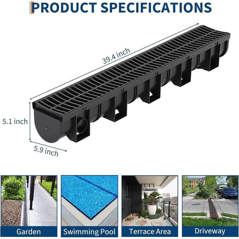 4-Piece High-Efficiency Surface Drainage Trench Drain System for Yard, Driveway, Garden, Patio & Sidewalk - N/A