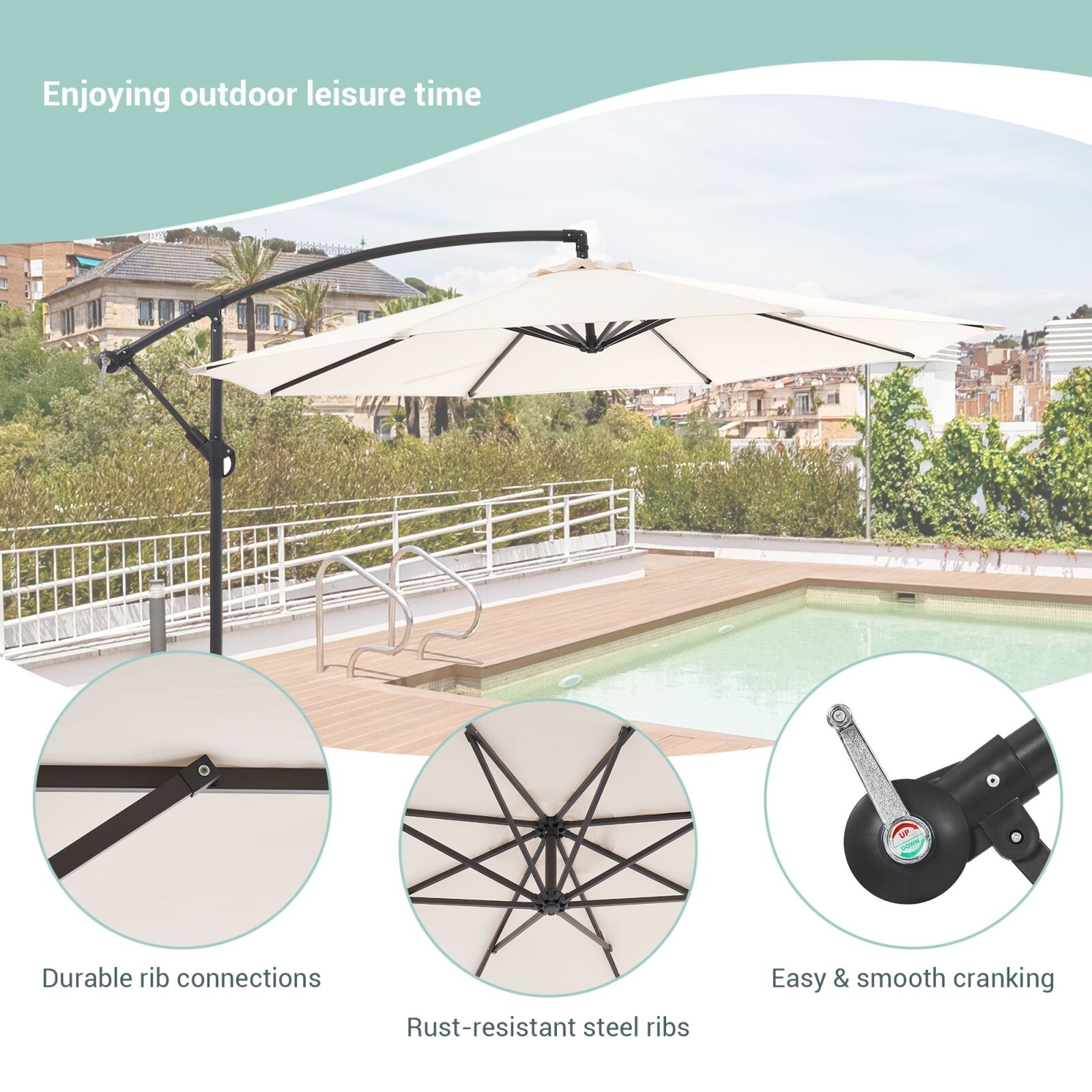 denim blue patio umbrella OVIOS Holly Gray 8-Piece Wicker Patio Conversation Set with Denim Blue Cushions and Patio Umbrella in Dark Blue