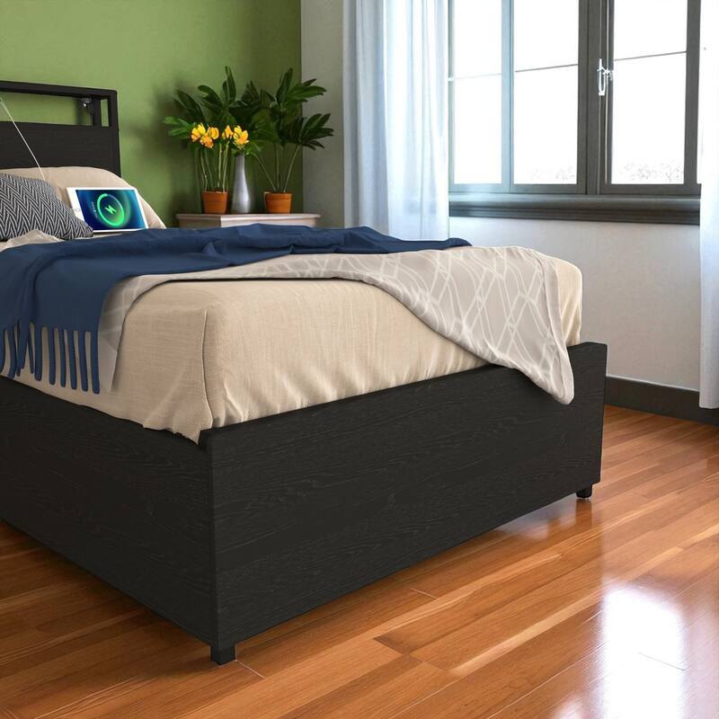 Twin Bed Frame with Storage Headboard, Charging Station, LED Lights, and 4 Storage Drawers - No Box Spring Needed