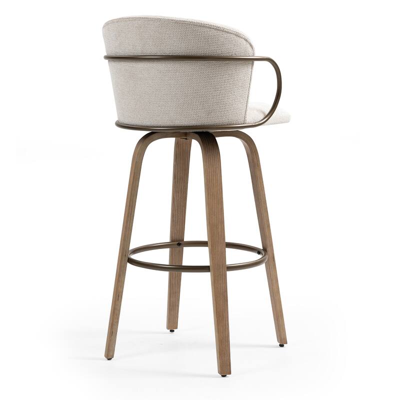 Set of 2 Bette Beige Woven Fabric Swivel Bar Stool with Wood Legs