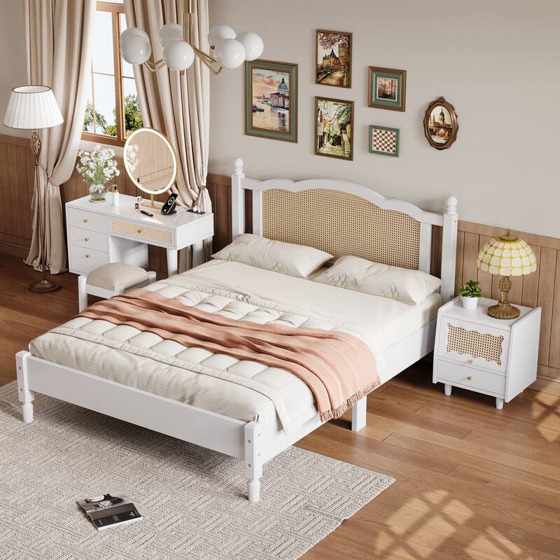 Wooden Platform Bed with Rattan Headboard Curved Wingback Bed Vintage Bed Frame Wood Slat Support Bed with Underbed Storage