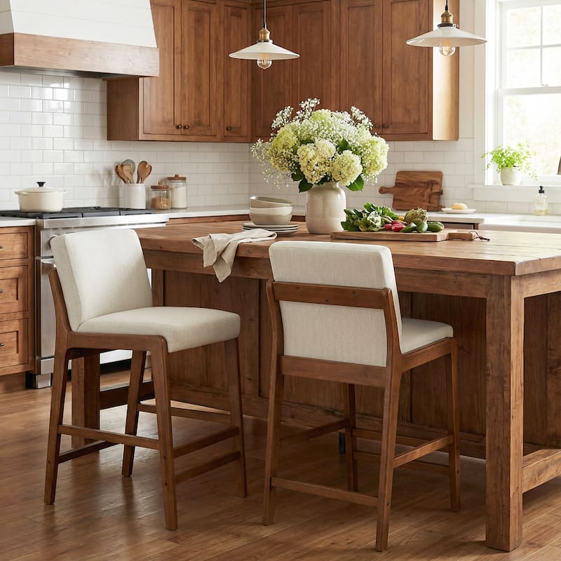 Christopher Knight Home - Eli Classic Wooden Upholstered Bar Stool with Padded Seat and Backrest - Set of 2 - Beige,Walnut