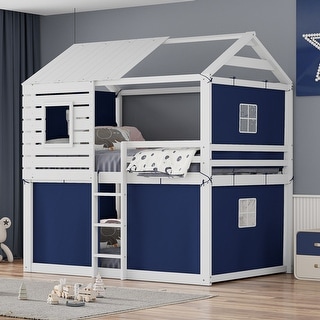 Blue Full Size Solid Wood House Bunk Bed with Tent, Ladder and Fence for Kids, Bedroom