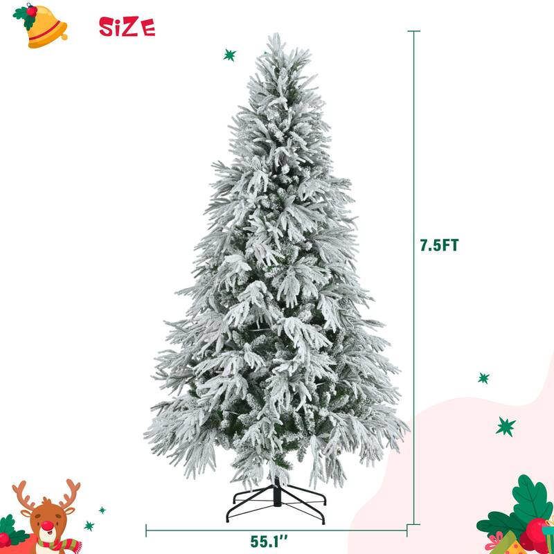 6FT/7.5FT Pre-Lit Snow Flocked Artificial Christmas Tree with LED Lights and Winter Wonderland Design for Holiday Decor