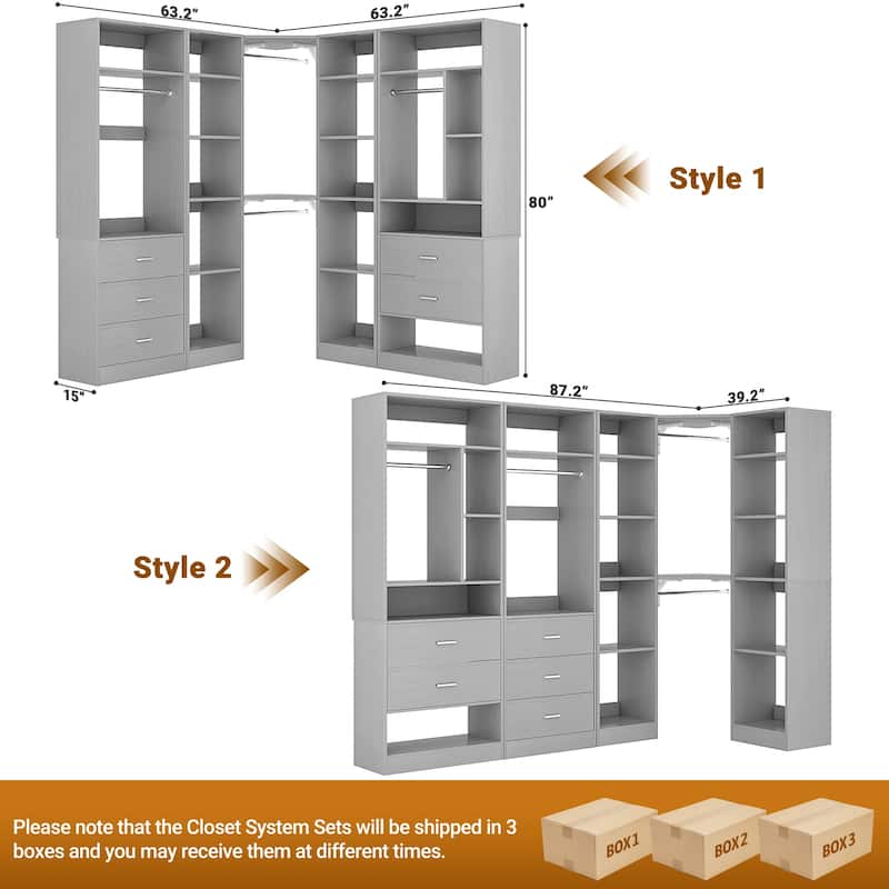 Kyrvo Corner Closet System with 5 Wooden Drawers & 12 Shelves, Freestanding Closet Organizer System for Walk-in/Reach-in Closet