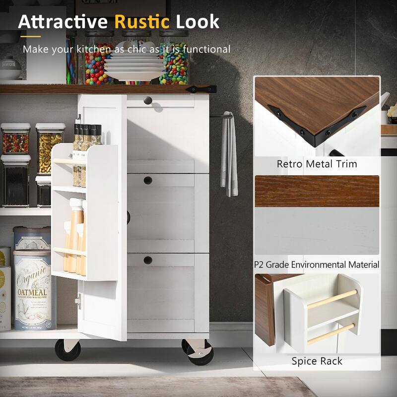Farmhouse Kitchen Island with Power Outlet, Rolling Kitchen Cart on Wheels with Internal Storage Rack, Drop Leaf, Spice Rack