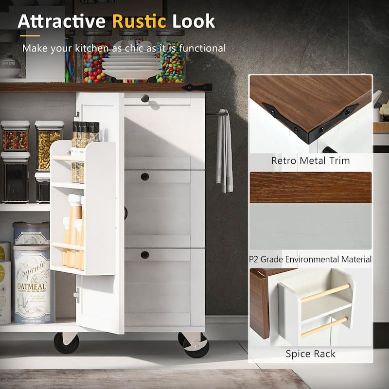 Roomfitters 53.5''Farmhouse Kitchen Island with Power Outlet, Kitchen Storage Island with Drop Leaf, Rolling Kitchen Cart