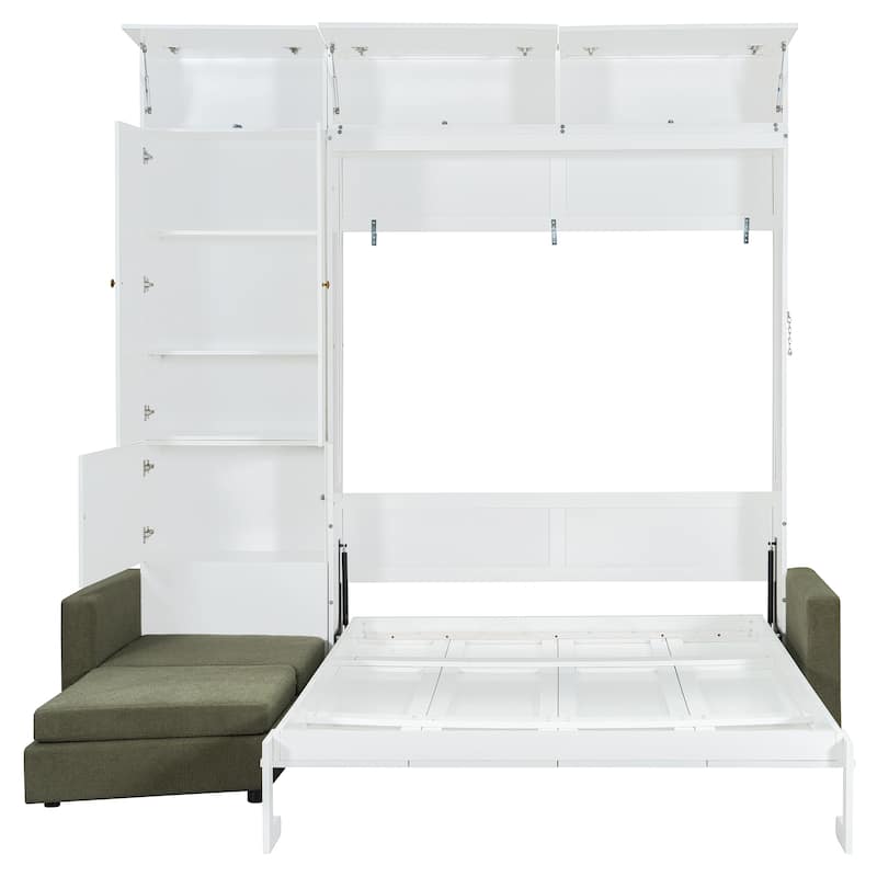 Queen Size Storage Murphy Bed Cabinet with L Shaped Sofa, Solid Wood Wall Murphy Bed Frame, No Box Spring Needed