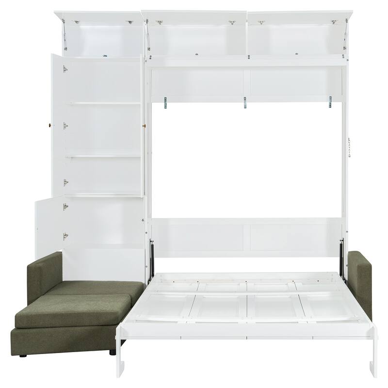 Roomfitters Queen Size Murphy Bed with Sofa and Shelves, Foldable Wall Bed with Storage Cabinet