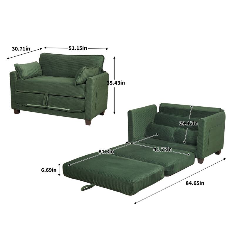 2-in-1 Convertible Corduroy Sofa Bed 51" Small Sofa, 2-Seater Loveseat Sleeper Couch with Side Storage