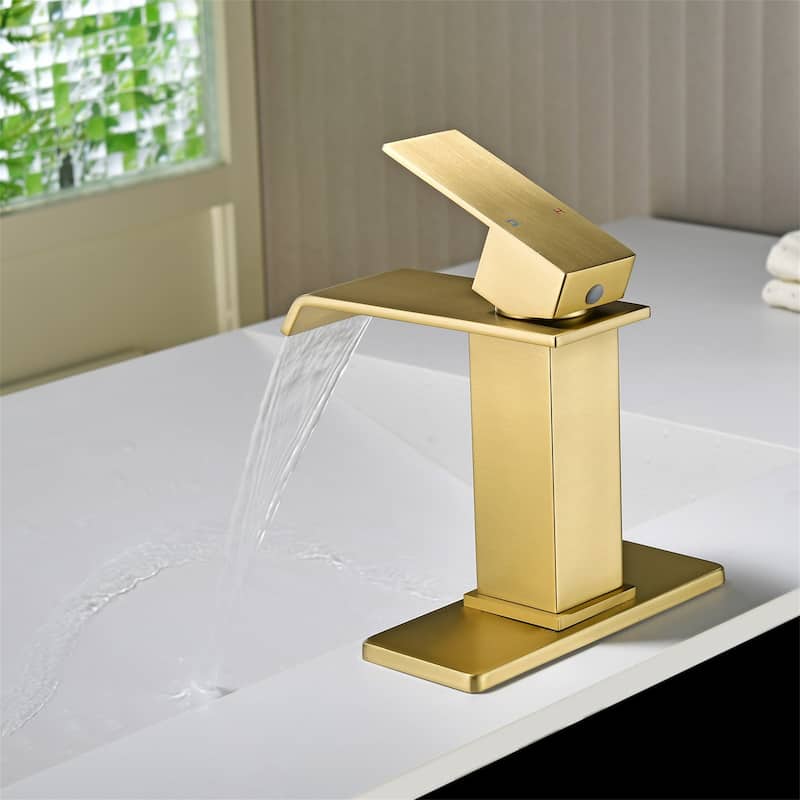Waterfall Single Handle Bathroom Sink Faucet with Pop-up Drain 304 Stainless Steel 1 Hole Basin Vanity Faucets with Deck Plate