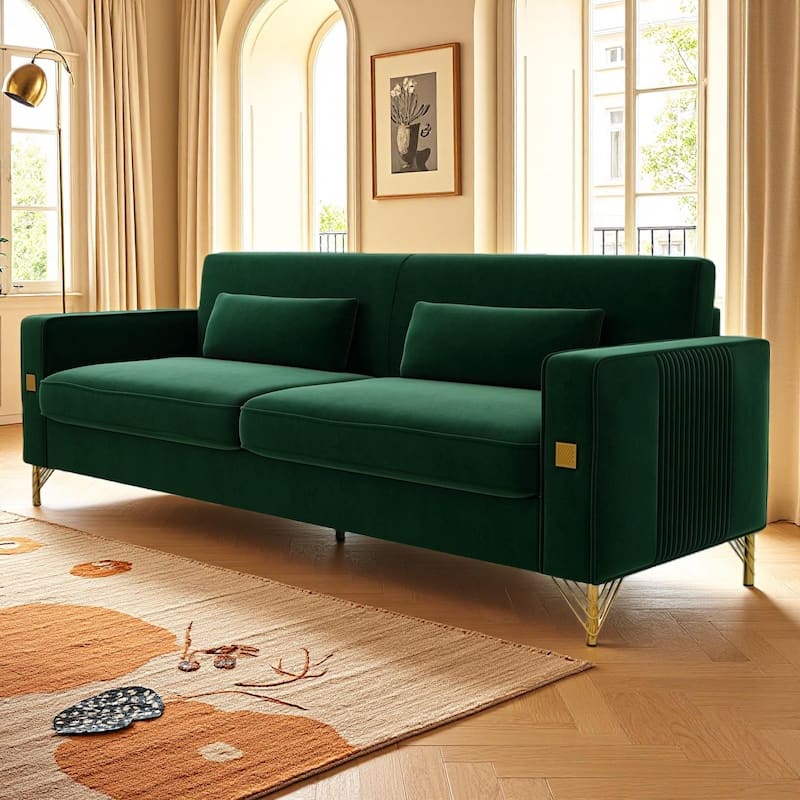 Square Armrests Loveseat Sofa, Exquisite 2 Seater Couch with 2 Pillows, Upholstered Accent Sofa for Living Room