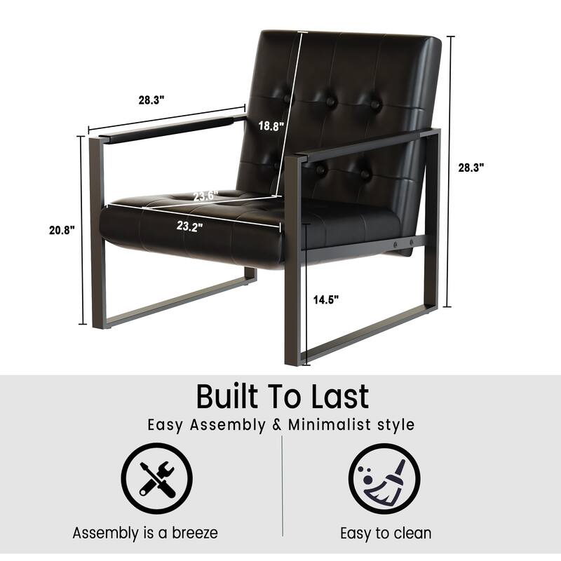 Mid-Century Style Faux Leather Accent Chair, Armchair with Steel Frame, Modern Single Sofa Chair for Living Room Bedroom Office