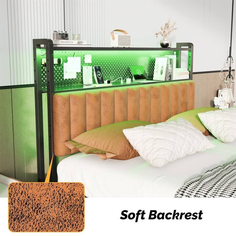Adjustable Upholstered Headboard with 2 Tier Shelves with Charging Stations and LED Lights, Modern Bed Headboard with Storage