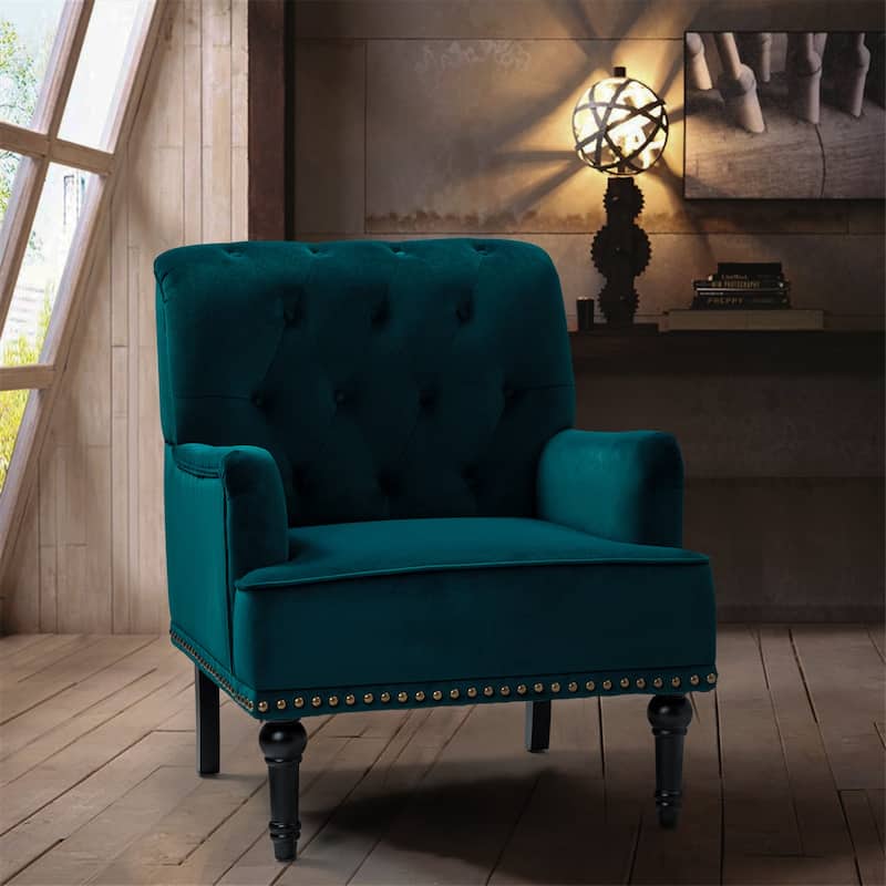 Geltrude Transitional Upholstered Button Tufted Club Chair with turned wooden Legs by HULALA HOME