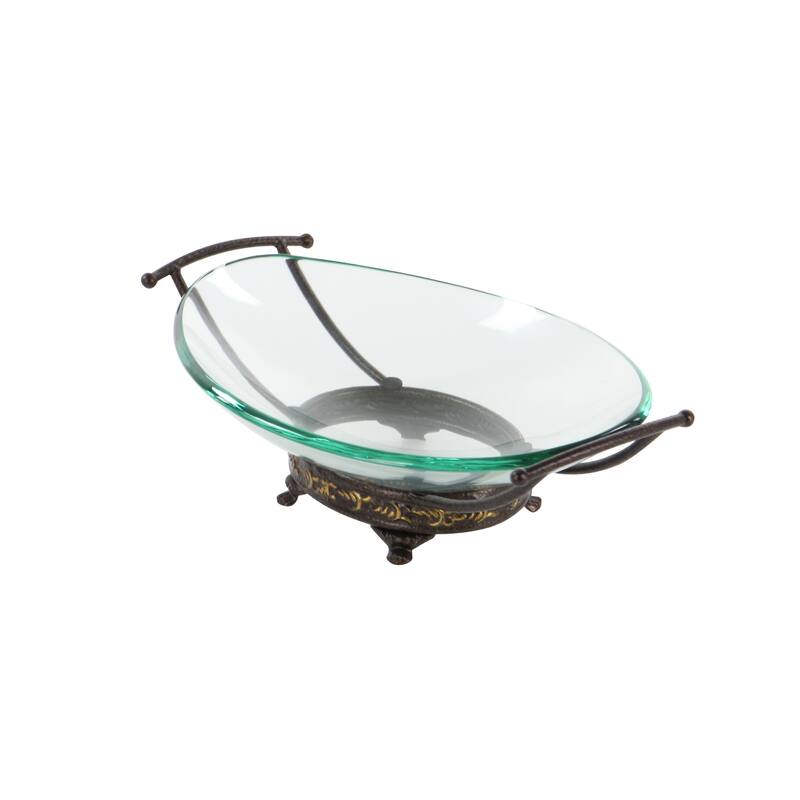Tempered Glass Kitchen Serving Bowl with Brown Metal Base - Clear - Roche River Decor - 11"Wx17"Lx5"H
