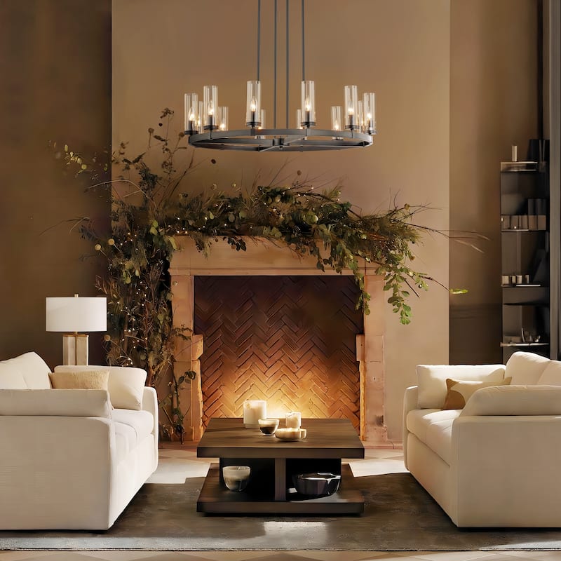 12-Light Mid-Century Modern Gold/Black Clear Glass Large Wagon Wheel Chandelier for Dining Room/ Living Room