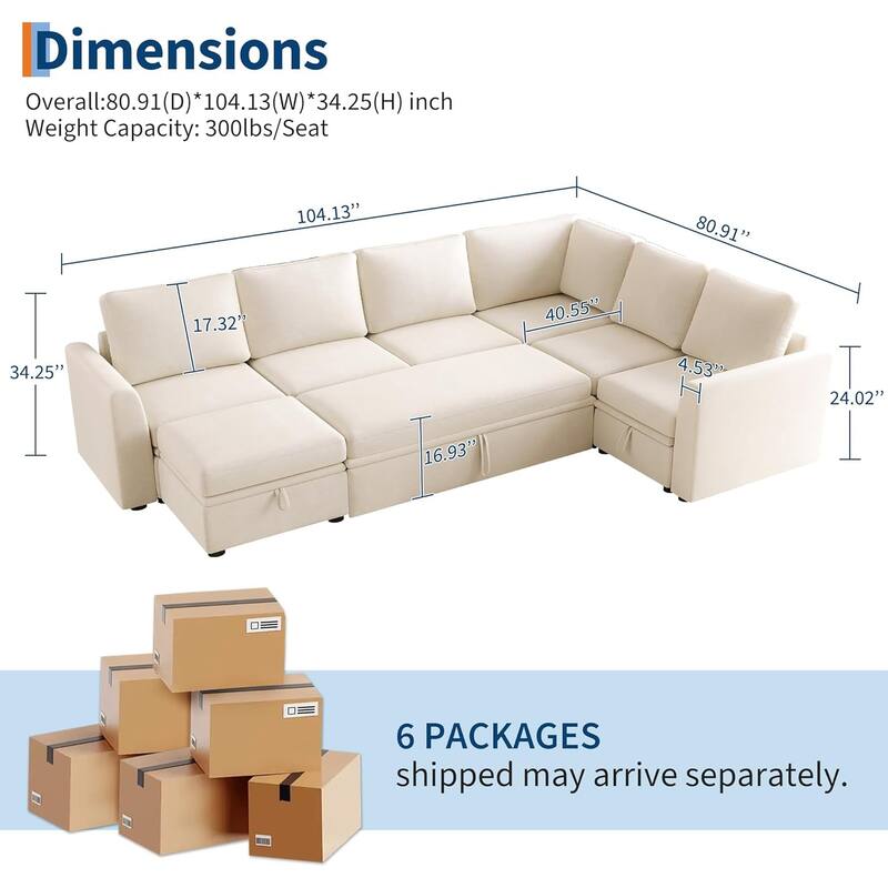 U Shaped Sectional Sleeper Sofa with Pull Out Bed, Chenille Modular Sectional Sofa