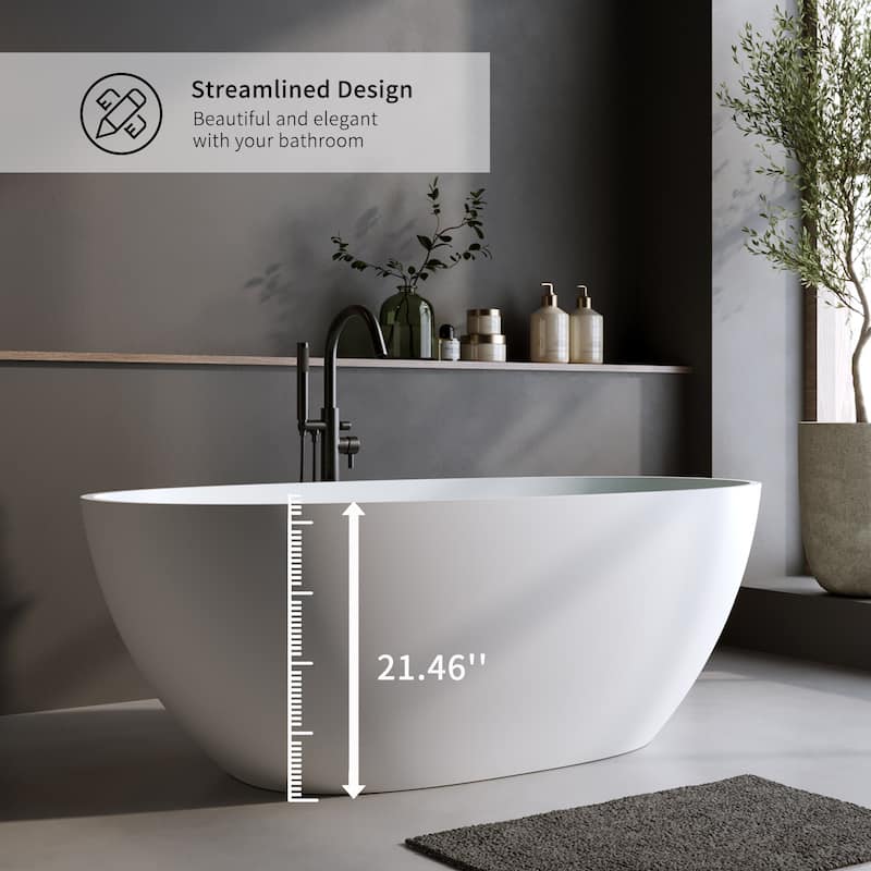Premium Solid Surface Freestanding Soaking Bathtub with Center Drain and Pop-up Drain, Modern Matte White Tub with Overflow