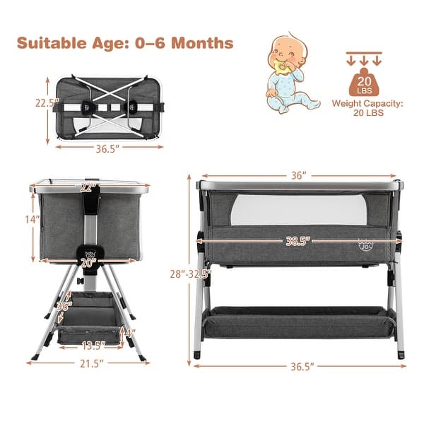dimension image slide 3 of 6, Babyjoy Baby Bed Side Crib Portable Adjustable Infant Travel Sleeper - See Details