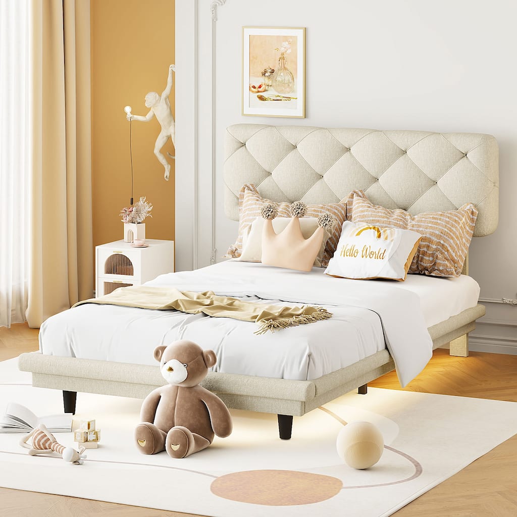 Roomfitters Twin Size Upholstered Bed with Light Stripe, Floating Platform Bed, Linen Fabric