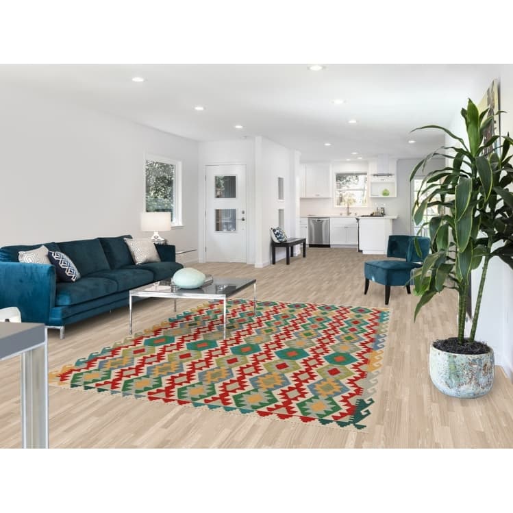 Hand Woven Oriental 100% Wool Carpet Southwestern Geometric Multi-Colored Kilim Area Rug - 8' 7'' X 6' 0''