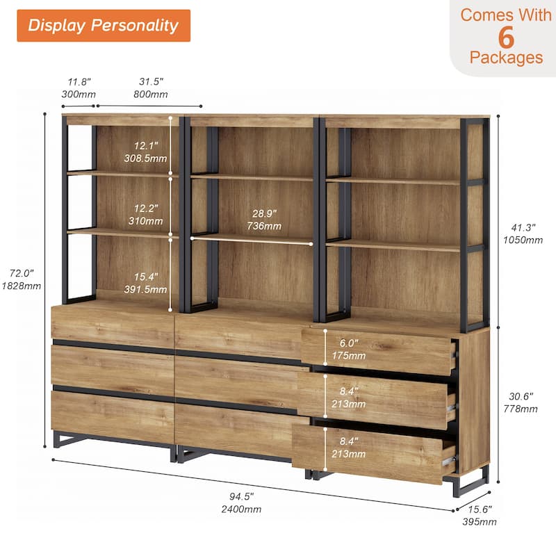 WAMPAT Modern 72" Tall Bookcase with Drawers and Open Book Shelfs, Library Book Shelf for Home Office, Living Room