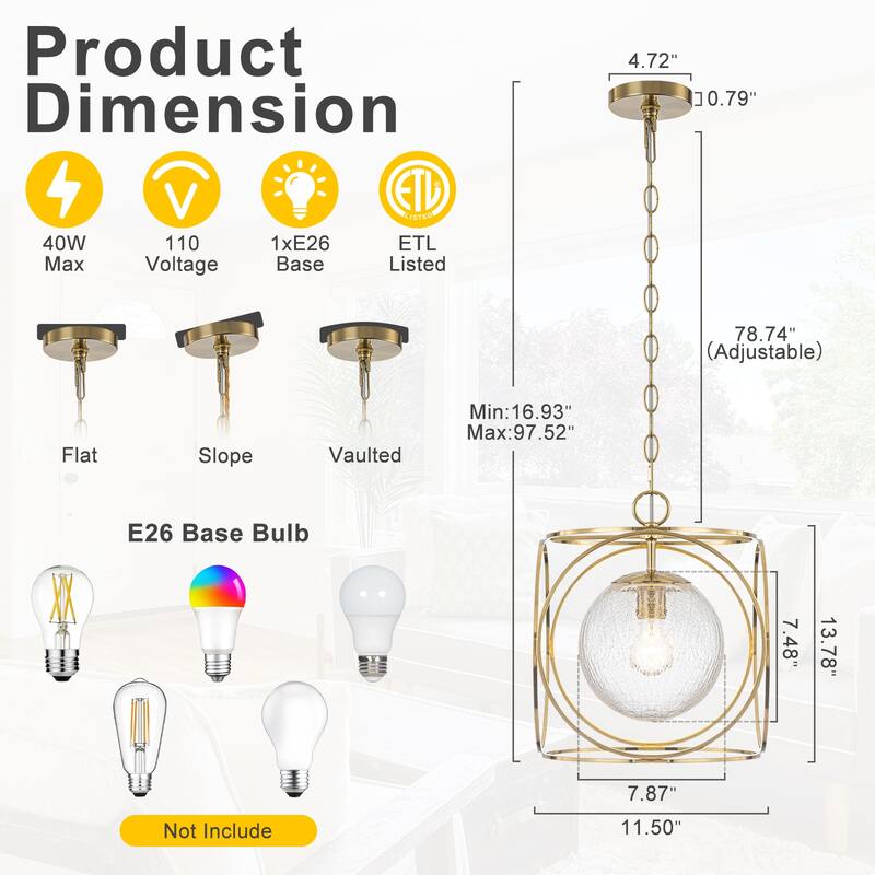 11.5" Metal Frame Clear Crackled Glass Globe Pendant Light Modern - Dia.11.5-in