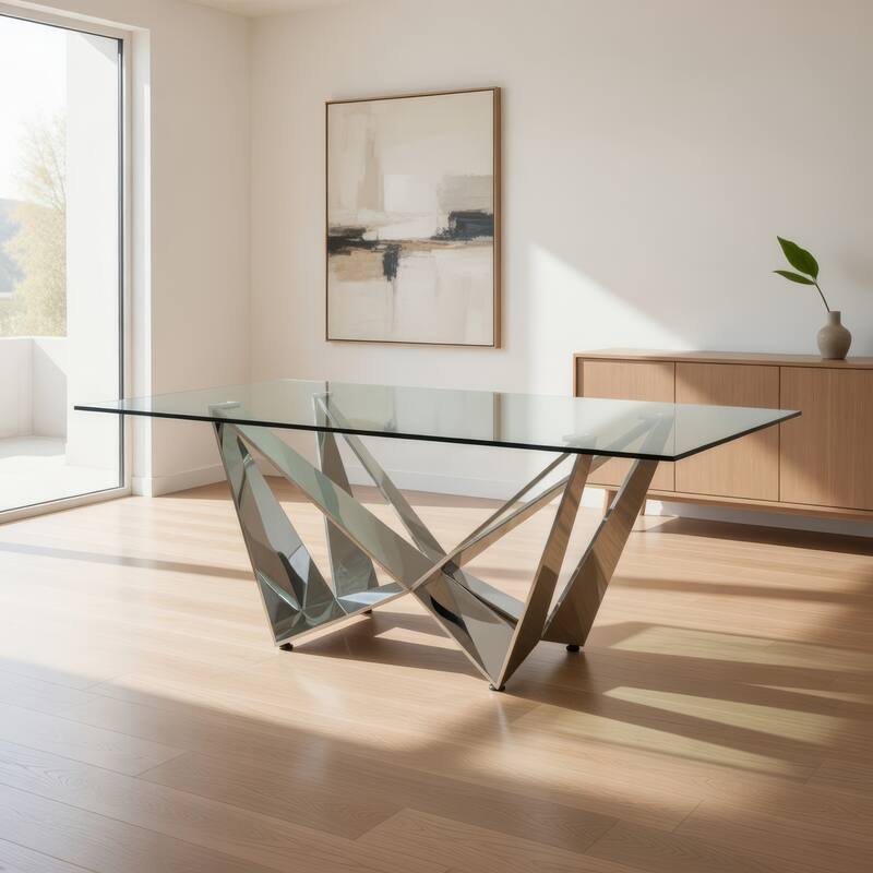 Dining Table with Overlapped Metal Geometric Accent, Silver
