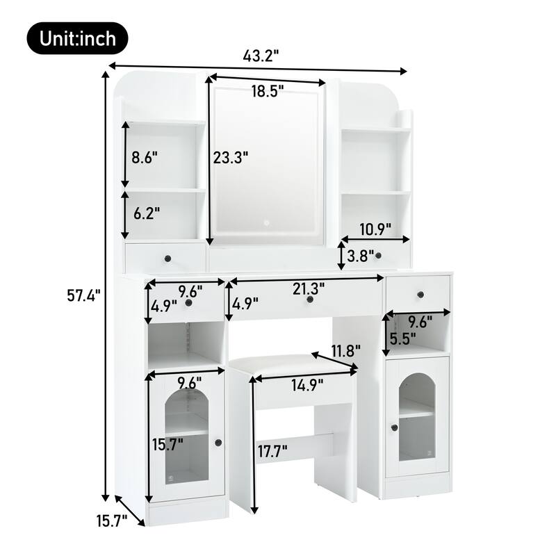43.2" Vanity Desk,Glass Top Vanity With Rgb Glass Light Cabinets,Dressing Table With 5 Drawers ,Storage Shelves And Stool