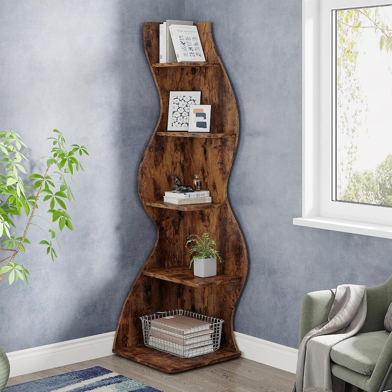 Corner Shelf Bookcase Bookshelf with Unique Shape for Living Room, Home Office - 1PC - Brown